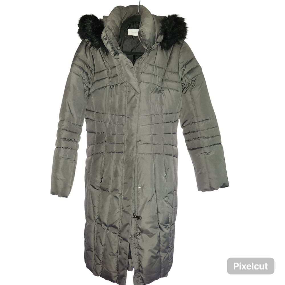 Calvin Klein Charcoal Puffer Jacket with Faux Fur Hood